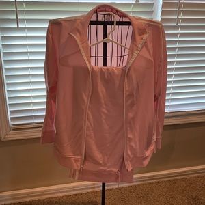 Pink and white strip jog suit.